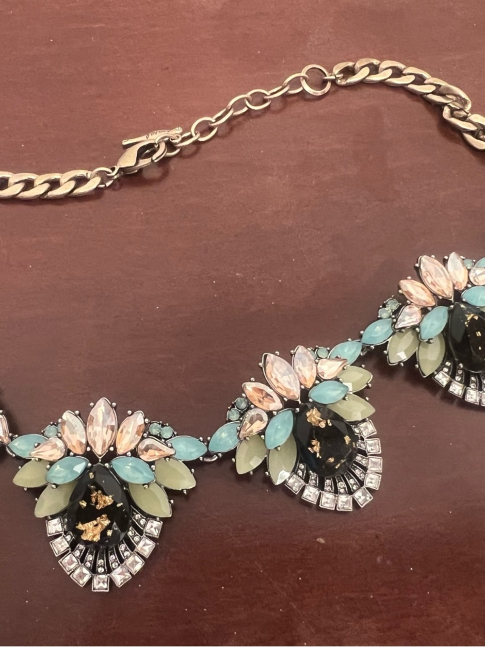 Statement Bib Necklace with Pastel Gem Accents - Gold Tone